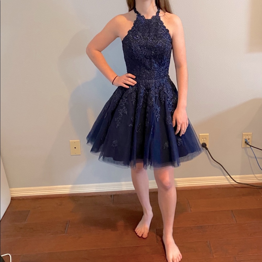 Sherri Hill Short Halter Top A Line navy Dress 4